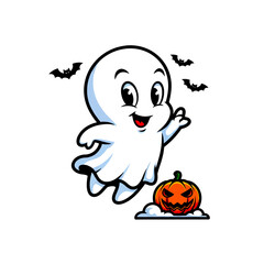 A friendly cartoon ghost waves next to a carved Halloween pumpkin and flying bats illustration