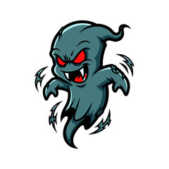 Spooky cartoon ghost mascot with glowing red eyes for Halloween vector graphics