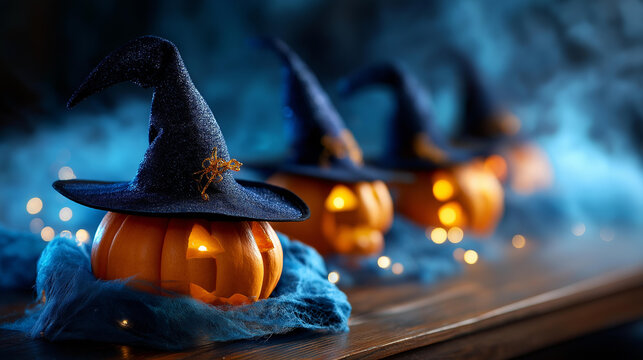 Glowing pumpkins with witch hats in misty blue halloween setting atmospheric decoration fog effect mystical halloween creative staging halloween photography eerie ambiance - Powered by Adobe