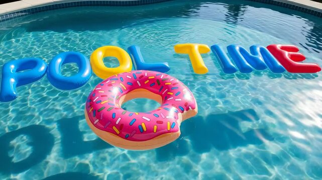 Colorful inflatable letters spell 'POOL TIME' in a swimming pool. A pink donut-shaped float is in the water, creating a fun summer atmosphere.