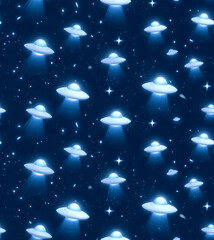 Seamless pattern of cartoon UFOs in outer space. Blue alien flying saucers and stars background. Science fiction theme for wallpaper