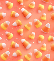 A festive seamless pattern of candy corn for Halloween. Autumnal sweet food background. Top view flat lay of tileable holiday treats