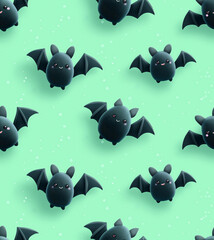 Cute seamless pattern with cartoon bats. Adorable flying animal characters for halloween. Tiled background for kids fabric or wallpaper design