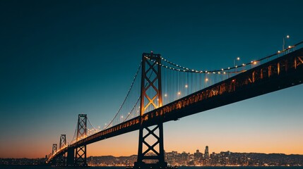 Fototapeta premium Silhouetted suspension bridge at dusk with glowing city lights, cinematic wide-angle cityscape visual