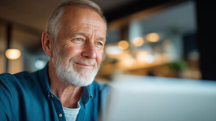 Smiling senior man looking at laptop screen at home crop below eyes background softly defocused senior technology mature adult computer use home activity active aging digit