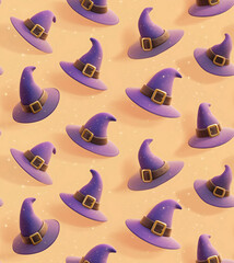 Repeating pattern of purple witch hats. Seamless and tileable Halloween background. Magical 3D illustration with sparkles