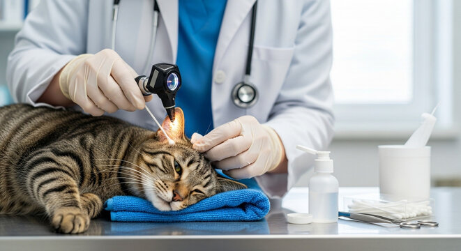 Caring veterinarian gently examines tabby cat's ear with otoscope in modern clinic, ensuring pet wellness and health