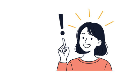 A woman pointing her finger up with an exclamation mark above her head indicating an idea or insight.