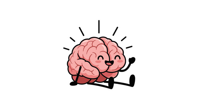 A happy cartoon brain with arms and legs sits and waves excitedly.