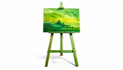Landscape Painting on Green Easel with Temple Silhouette and Sunset Tones for Editorial Styling and Artistic Expression Themes