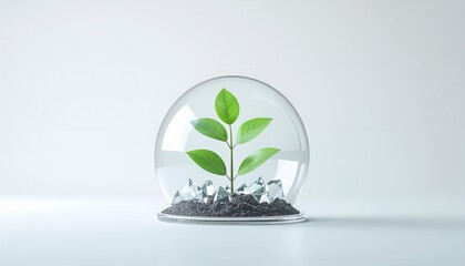 3D render of a small plant growing inside a transparent glass dome surrounded by crystals, symbolizing environmental protection, clean energy, and sustainable growth.