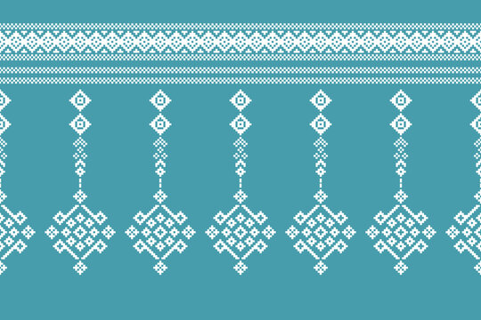 Traditional abstract ethnic pattern traditional motif geometric fabric pattern ikat embroidery oriental pixel blue background design texture.