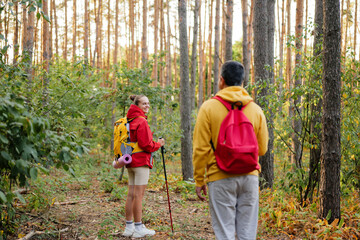 A woman and a man walk along a forest trail, surrounded by tall trees and colorful autumn foliage, smiling and enjoying nature