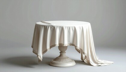 Pedestal Table with Cream Tablecloth and Carved Base for Editorial Styling and Classical Interior Design Themes