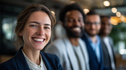 Fototapeta premium Diverse group of professionals smiling in modern office setting crop below eyes background softly defocused workplace diversity team portrait professional colleagues