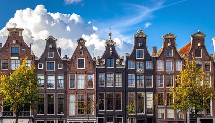 Traditional Dutch Canal Houses in Amsterdam with Ornate Facades and Gabled Roofs for Editorial Styling and Cultural Travel Themes