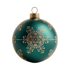 Green Christmas ornament ball with golden snowflake patterns isolated on transparent background