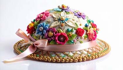 Decorative Wide Brim Hat with Floral Embroidery and Satin Bow for Editorial Styling and Festive Fashion Themes