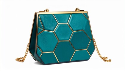 Geometric Teal Handbag with Gold Accents and Chain Strap for Editorial Styling and Fashion Design Themes