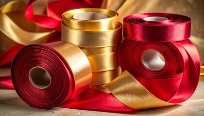 Red and Gold Satin Ribbon Rolls on Wooden Surface for Editorial Styling and Decorative Craft Themes