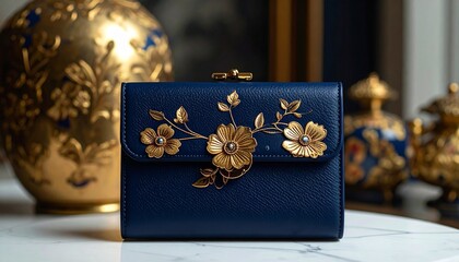 Dark Blue Leather Clutch with Gold Floral Embellishments and Gemstone Accent for Editorial Styling and Luxury Fashion Themes