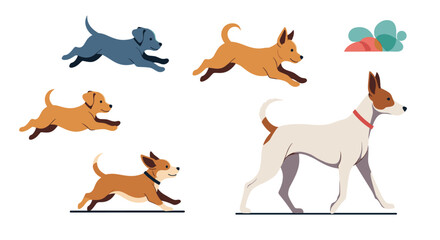 Obraz premium Collection of five dogs of different breeds and sizes running and playing outdoors.