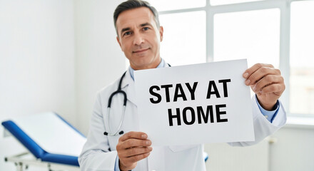 Caring doctor urges public safety with "Stay At Home" message in bright, modern clinic setting
