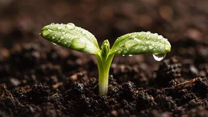 A close-up of a tiny seedling sprouting from dark, moist soil. Its green leaves are wet with water droplets, showing new life - Powered by Adobe