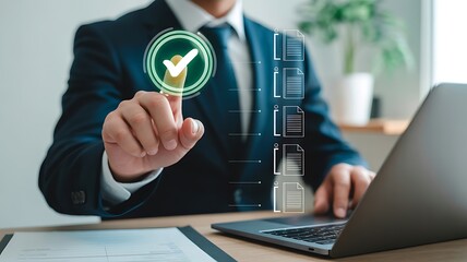 Businessman pointing to a checkmark icon, symbolizing approval and process completion in a digital document