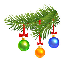 Vector illustration of green pine branch with glossy Christmas balls and red bows. Perfect for festive greeting cards, New Year design, winter decoration and holiday projects