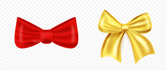 Vector illustration of glossy satin red and gold bows. Perfect for festive gift wrapping, Christmas and New Year decoration, elegant holiday design and celebration graphi