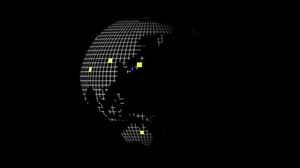 An animated globe spins slowly, displaying a grid pattern. Bright points light up various locations on the map, showcasing global connectivity and geography. - Powered by Adobe