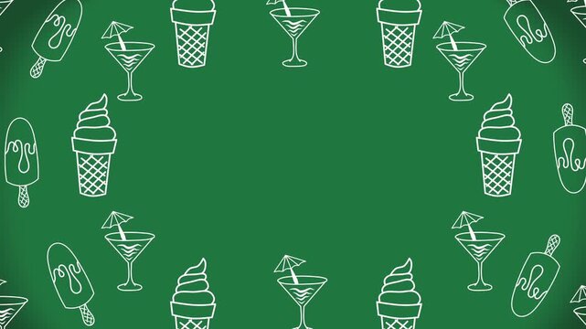 Seamless Doodle Background of Cups and Ice Cream Elements on Dark Green Background
