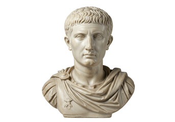 Marble bust of Roman Emperor Augustus isolated on transparent background, ancient sculpture of a leader with short hair and draped toga