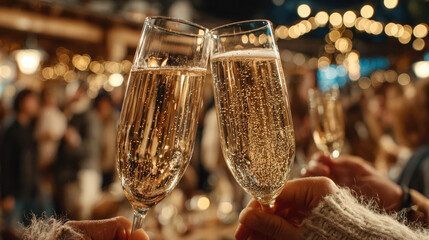 Diverse friends toasting champagne flutes, clinking at a lively celebration party, marking a successful new year's eve event with sparkling drinks and festive bubbles