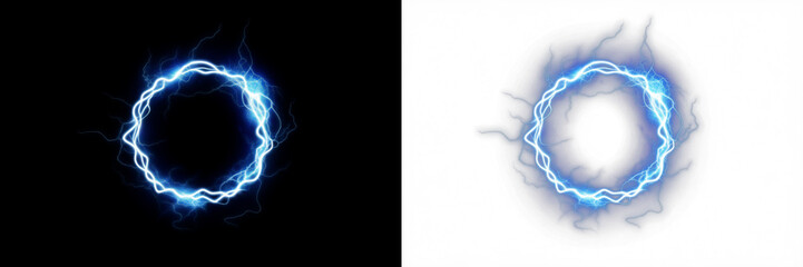 Electric blue lightning circle overlay on contrasting backgrounds, showcasing dynamic energy and vibrant visual effects for creative design projects and digital artwork