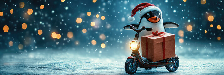 Christmas penguin wearing Santa hat delivering Christmas gifts on scooter in snowy night with bokeh lights, perfect for Christmas cards or marketing campaigns