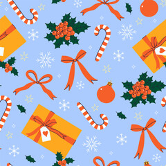 Winter holiday pattern with candy canes, berries, snowflakes, and gifts. Vector graphics.