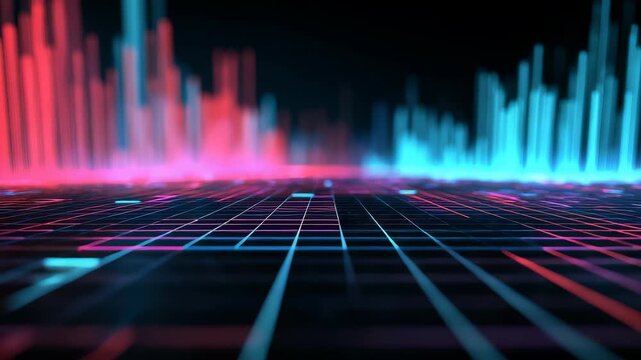 Futuristic digital landscape with glowing neon grid and abstract data bars, blending vibrant blue and red colors. Modern technology background perfect for innovation and AI concepts