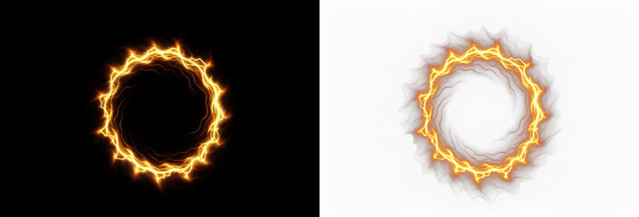 Vibrant electric energy circle overlay with glowing orange lightning effects on contrasting black and white backgrounds for dynamic design applications and creative projects