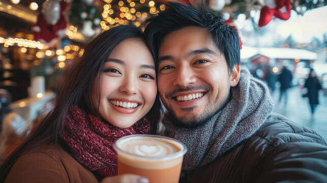 smiling asian couple taking selfie with winter drinks in coffee shop, festive background, joyful expressions, lifestyle holiday moment