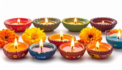 Lit Oil Lamps and Colorful Flowers in Festive Arrangement for Editorial Styling and Cultural Celebration Themes