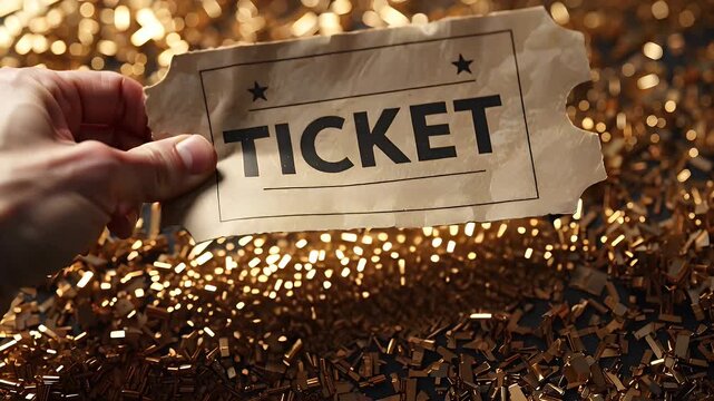 Hand holding torn movie ticket stub on golden background  