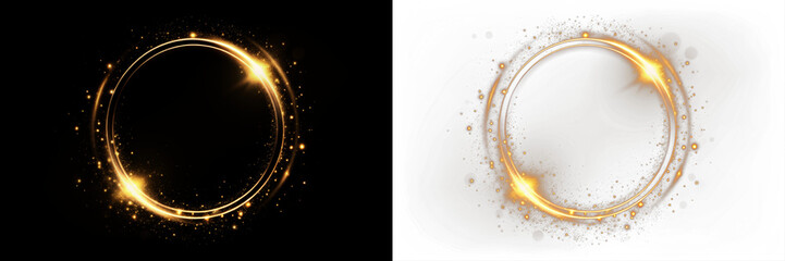 Golden sparkling circle overlay on black and white backgrounds, featuring luminous effects and a glowing aura, perfect for creative design projects and artistic compositions