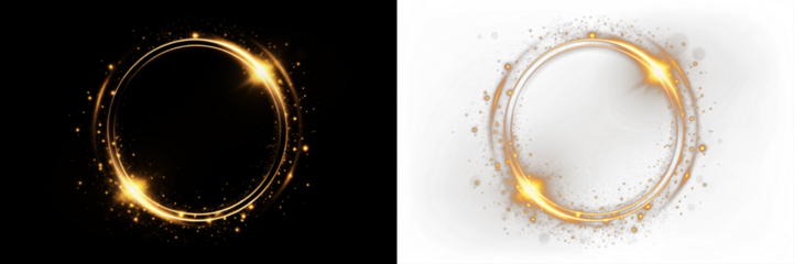 Golden sparkling circle overlay on black and white backgrounds, featuring luminous effects and a glowing aura, perfect for creative design projects and artistic compositions