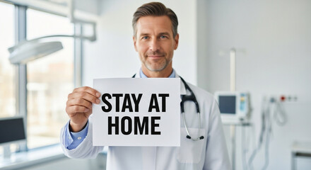 Doctor holding sign STAY AT HOME, promoting safety and health awareness in modern medical office setting during pandemic