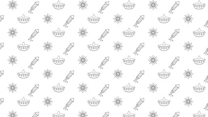 Diwali Seamless Pattern Background, Happy Deepavali Festival Background with line-art pattern texture with diyas, fireworks rockets, and starburst sparklers. Vector Illustration