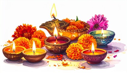 Lit Oil Lamps and Colorful Flowers in Festive Arrangement for Editorial Styling and Cultural Celebration Themes