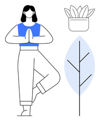 Woman balancing in yoga tree pose with hands in prayer, surrounded by a stylized plant and succulent. Ideal for fitness, mindfulness, relaxation, balance, yoga, wellness holistic lifestyle. Simple