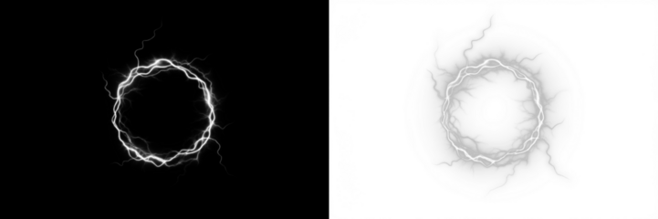 Electric energy circle png overlay illustration with contrasting black and white backgrounds, showcasing dynamic lightning effects for creative design applications